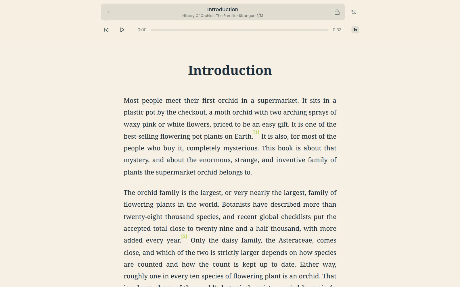 The LexFlexer reader showing a narrated chapter with the audio bar and citation markers